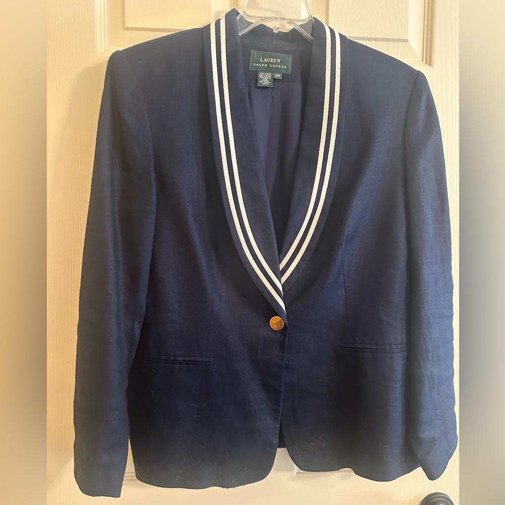 Ralph Lauren Navy Linen Blazer White Trim 100% Linen Nautical Blazer Jacket